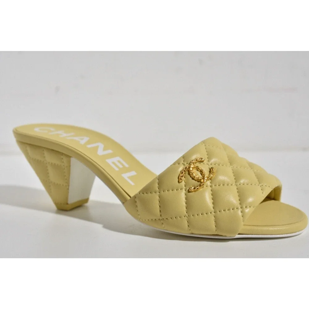 Chanel 22P Yellow Lambskin Quilted CC Gold Logo Cone Heel Mule Slide Sandal 38 - Picture 4 of 12
